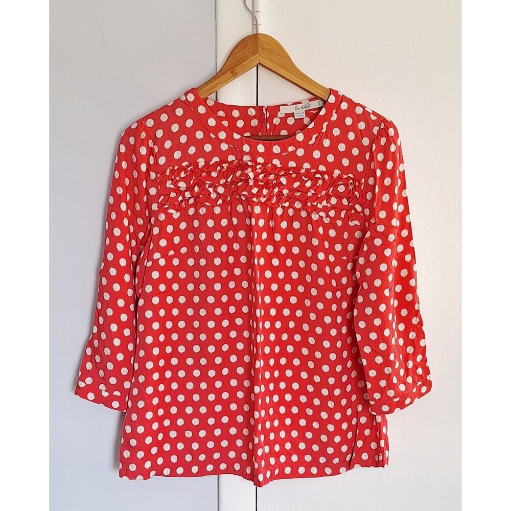 Boden women's blouse silk viscose blend orange with white polka dots size 10